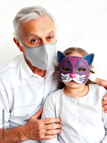 portrait senior grandfather with child in carnival mask, quadrober child girl in cat mask with grandpa on white background, time together. photo