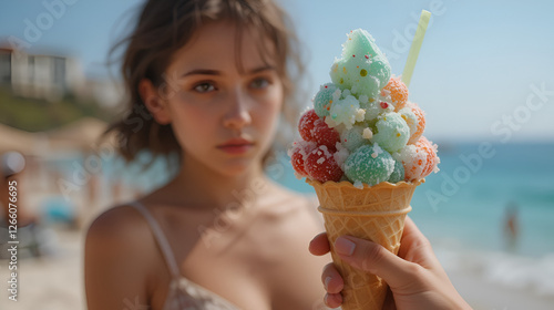 Primo piano di un cono di gelato ai frutti esotici, tenuto dalla mano di una donna di fronte alla spiaggia. photo