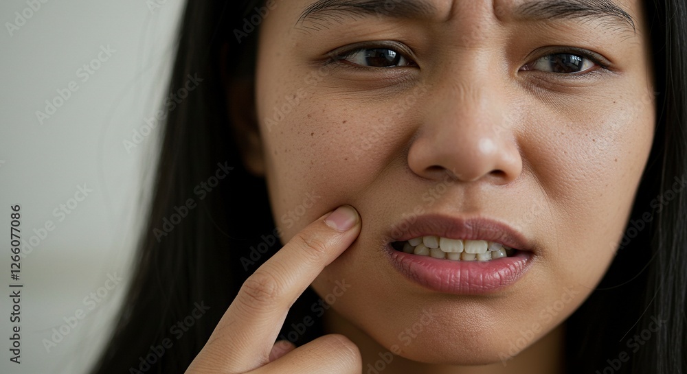 Worried Woman Pointing at Skin with Acne Issues and Dark Spots Worried Woman Pointing at Skin with Acne Issues and Dark Spots