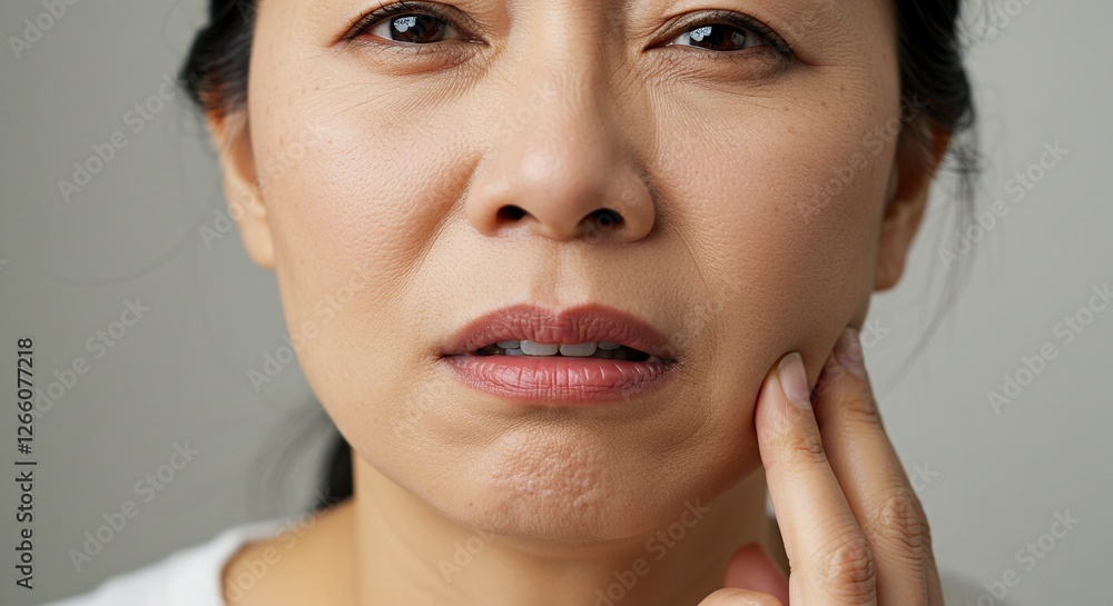 Woman Experiencing Toothache Touching Cheek with Worried Facial Expression Woman Experiencing Toothache Touching Cheek with Worried Facial Expression