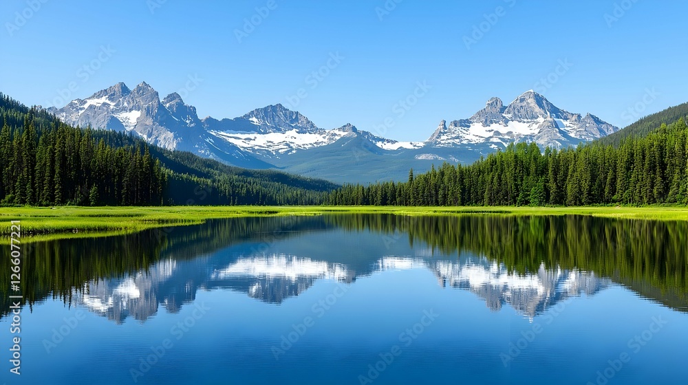 Snow Capped Mountain Range Reflected In Calm Blue Lake Snow Capped Mountain Range Reflected In Calm Blue Lake