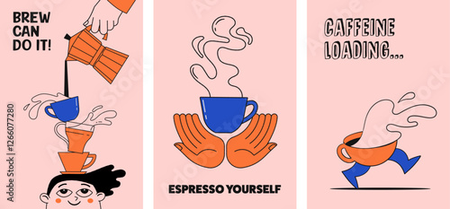 Coffee concept design. Collection of cards, posters, banners, story and post templates. Cafe and coffeeshop design. Concept illustrations of characters with coffee mugs. Modern minimalist flat art