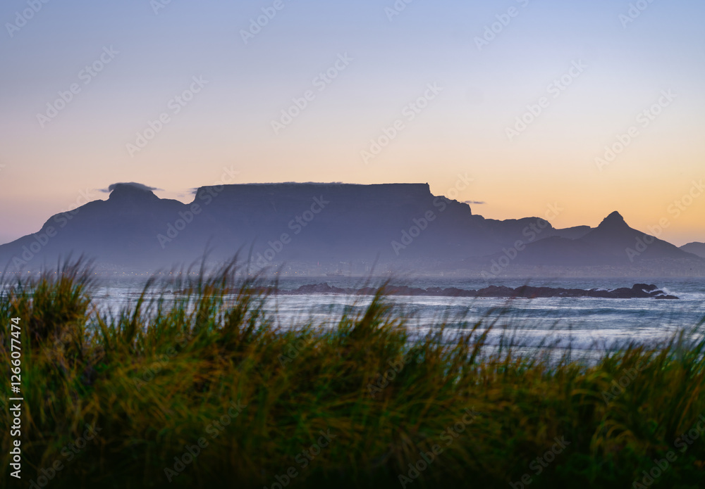 Silhouette of Table Mountain Behind Grass at Big Bay, Bloubergstrand, Cape Town, South Africa