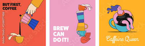 Coffee concept design. Collection of cards, posters, banners, story and post templates. Cafe and coffeeshop design. Concept illustrations of characters with coffee mugs. Modern minimalist flat art