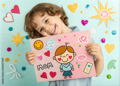Smiling child holding handmade Mother’s Day card