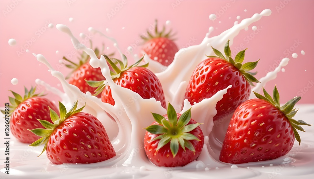 Fresh Strawberries Splashing in Milk on a Pink Background Fresh Strawberries Splashing in Milk on a Pink Background
