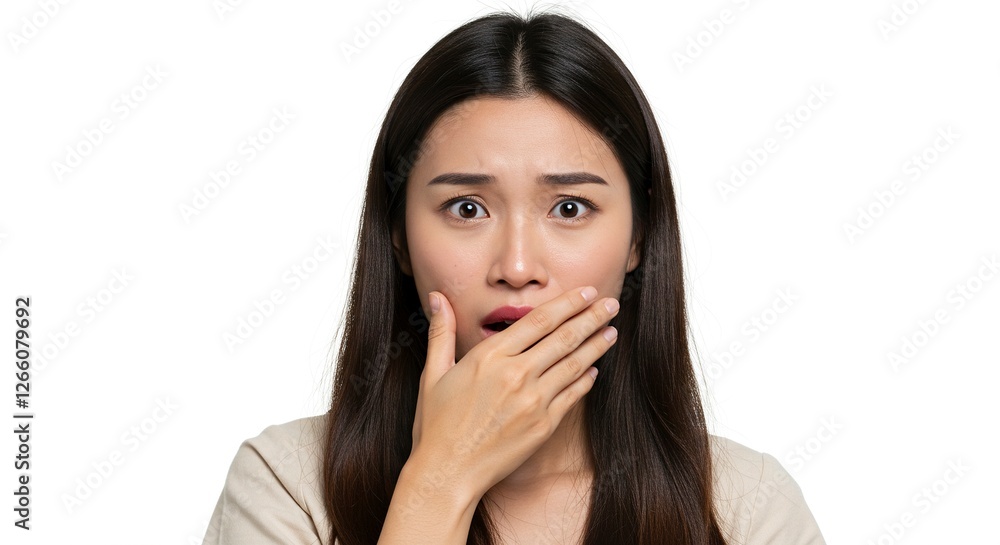 Surprised Asian Woman Covering Her Mouth with Hand on White Background Surprised Asian Woman Covering Her Mouth with Hand on White Background