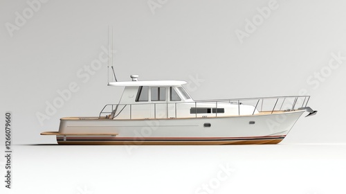 Fototapeta Naklejka Na Ścianę i Meble -  White Yacht With Wooden Trim On White Background