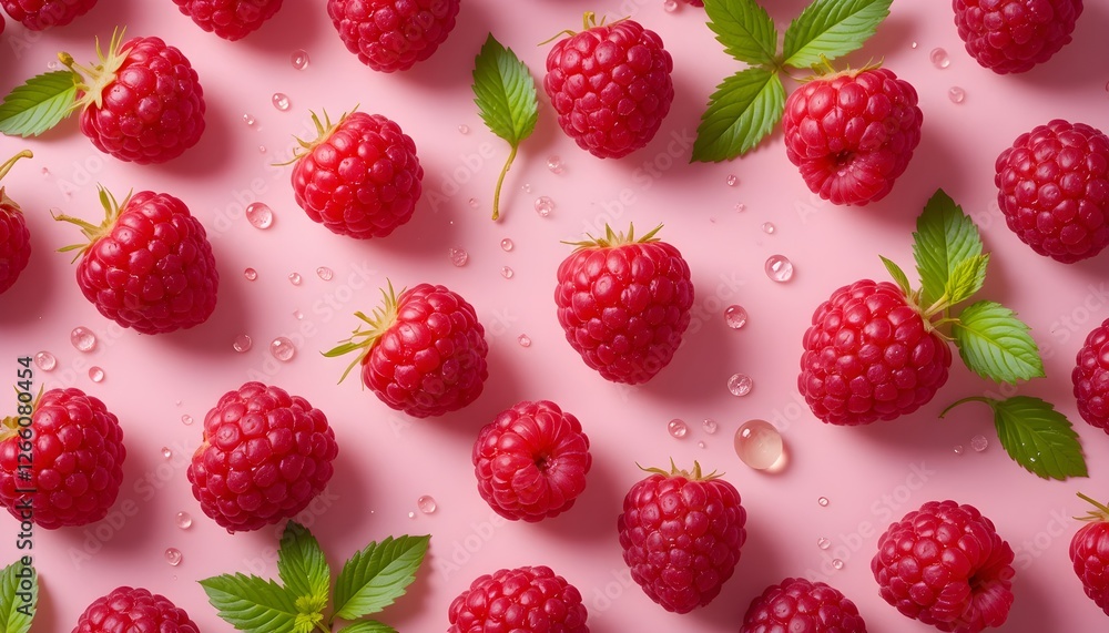 Juicy fresh raspberries with green leaves and water droplets on a pastel pink background. A vibrant and delicious fruit composition perfect for food, health, and organic themes. Juicy fresh raspberries with green leaves and water droplets on a pastel pink background. A vibrant and delicious fruit composition perfect for food, health, and organic themes.