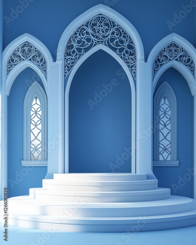 Elegant blue Islamic interior with white arched windows  intricate geometric patterns  and soft sunlight  creating a serene and spiritual ambiance perfect for Ramadan  Eid  and prayer reflection