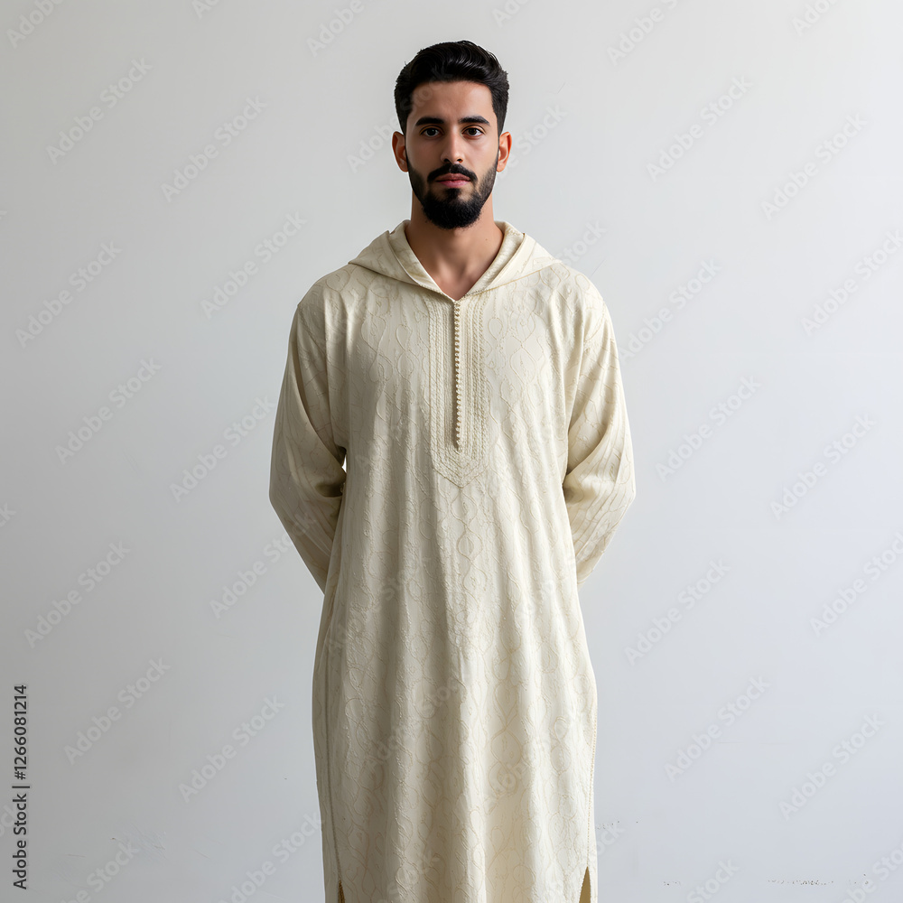 portrait model man wear morrocan djellaba isolated on white background portrait model man wear morrocan djellaba isolated on white background