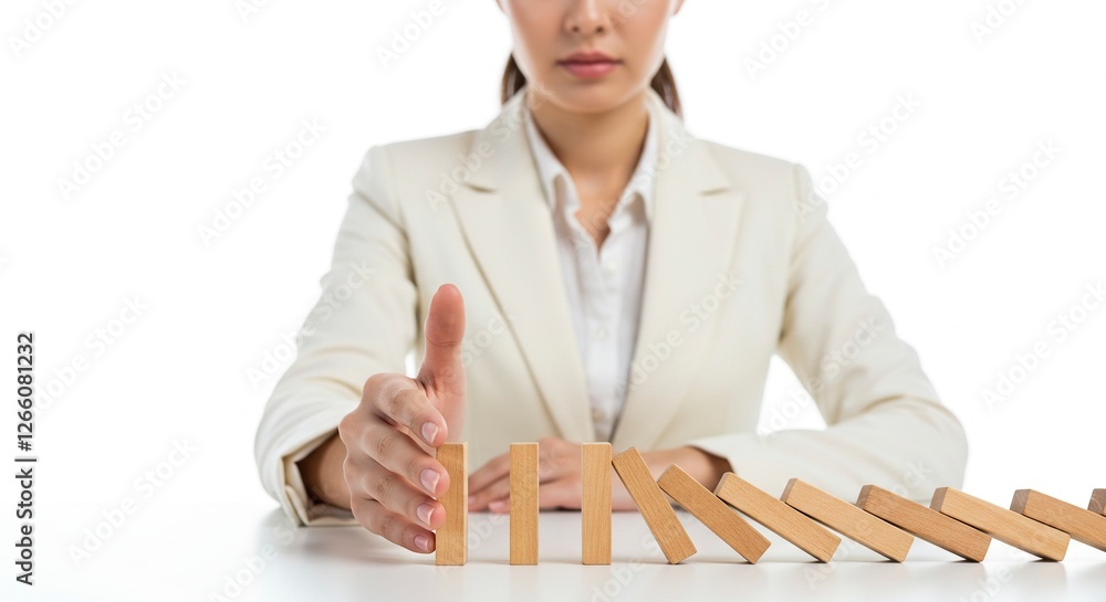 Businesswoman Stopping Domino Effect Indicating Risk Management and Prevention Businesswoman Stopping Domino Effect Indicating Risk Management and Prevention