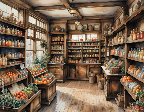interior of an old-fashioned food shop with products displayed on counters and shelves illuminated by sunlit windows