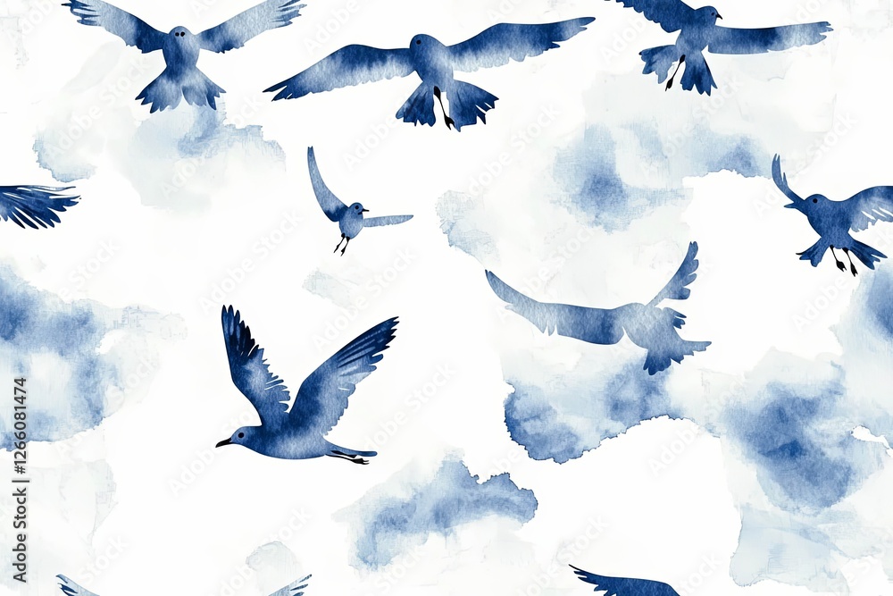Fototapeta premium Watercolor navy blue abstract Seagull seamless pattern. Sea life. Flying Gull Birds silhouettes in the sky.