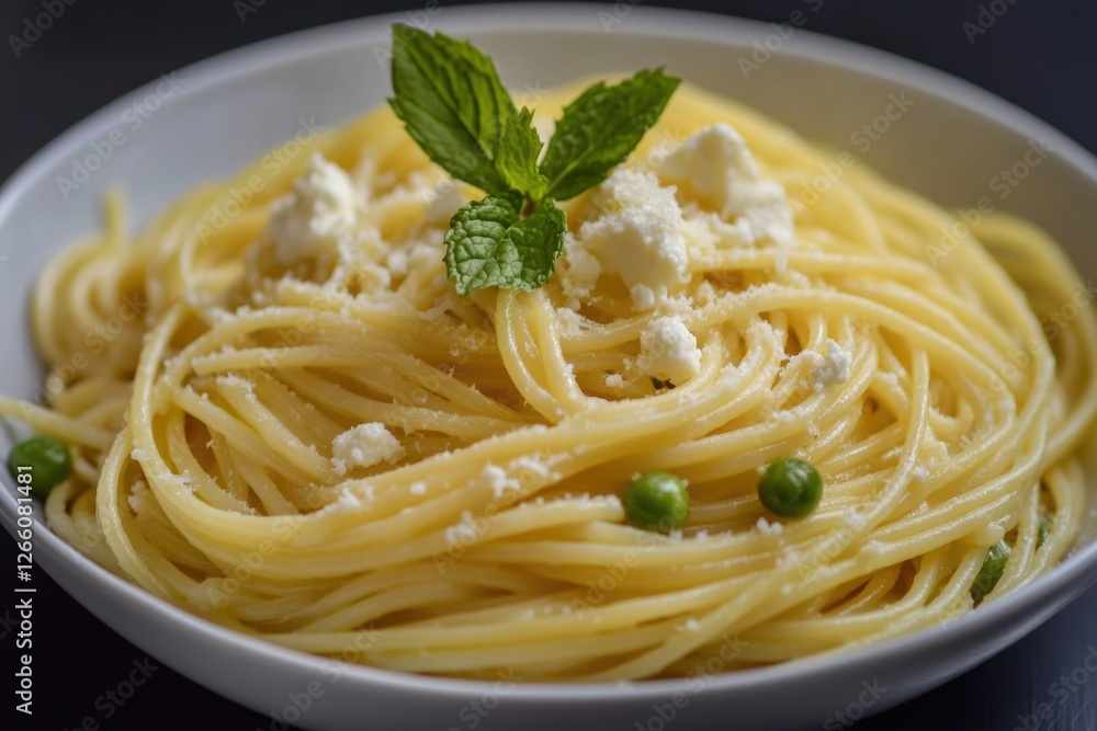 Delicious spaghetti dish with cheese, peas, and mint garnish in white bowl Delicious spaghetti dish with cheese, peas, and mint garnish in white bowl