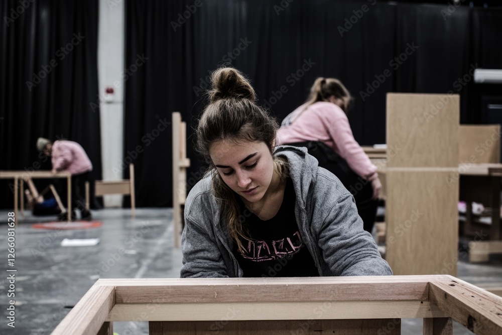 Obraz premium Young caucasian female carpentry workshop with focused women assembling furniture