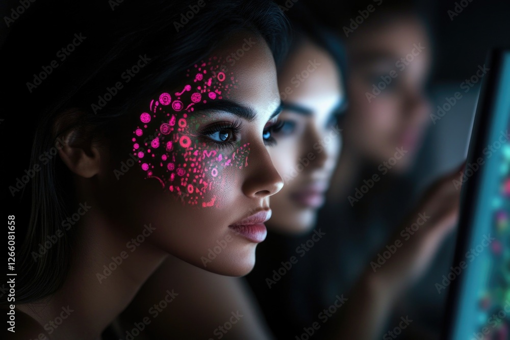Obraz premium Young asian female with futuristic digital face projection exploring technology