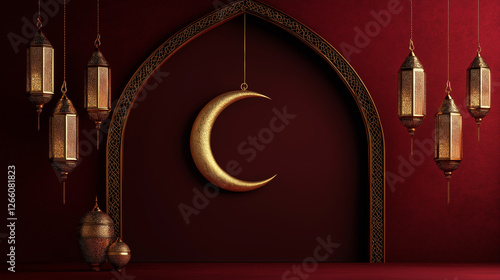 Luxurious Ramadan setting with golden crescent moon, ornate lanterns, and deep red Islamic arch background, symbolizing spirituality, devotion, and celebration during the holy month of fasting and Eid photo