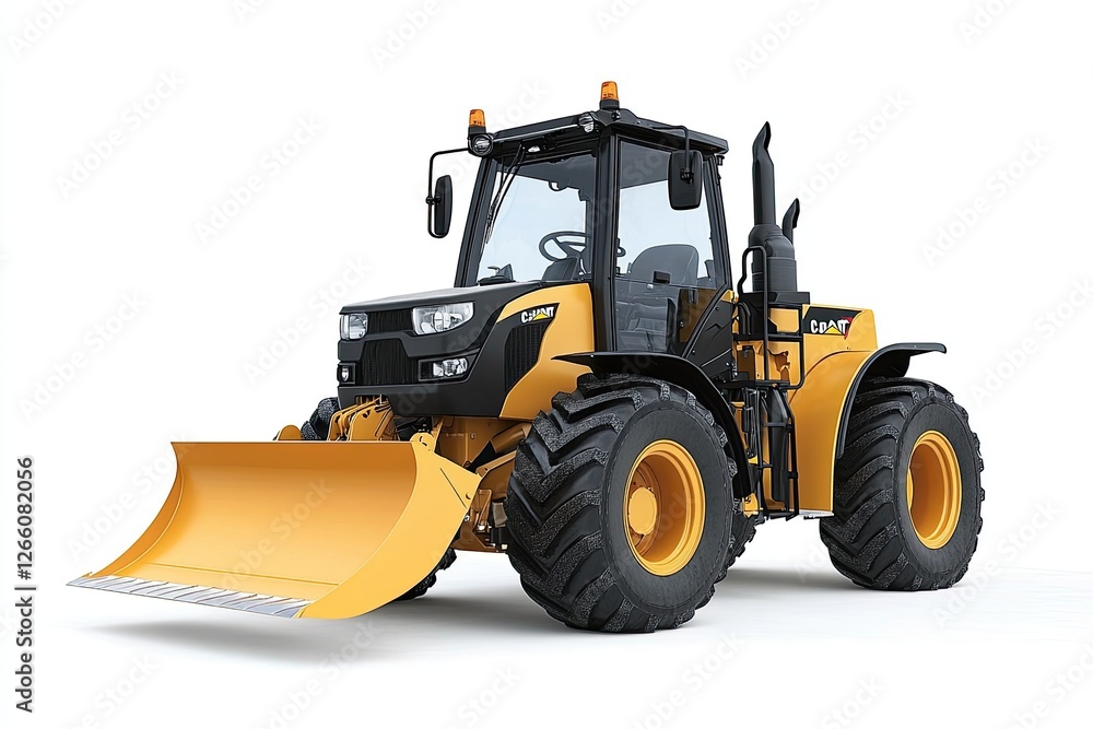 A skid steer loader with a snowplow attachment isolated on a white background A skid steer loader with a snowplow attachment isolated on a white background
