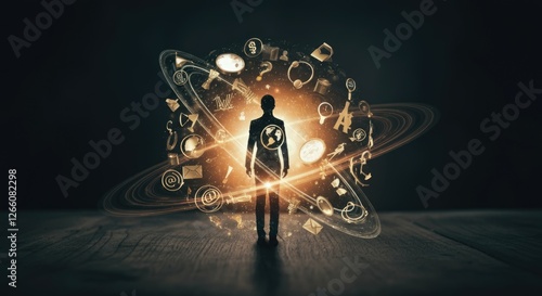 Wallpaper Mural Silhouette of person in cosmic digital realm with glowing symbols Torontodigital.ca