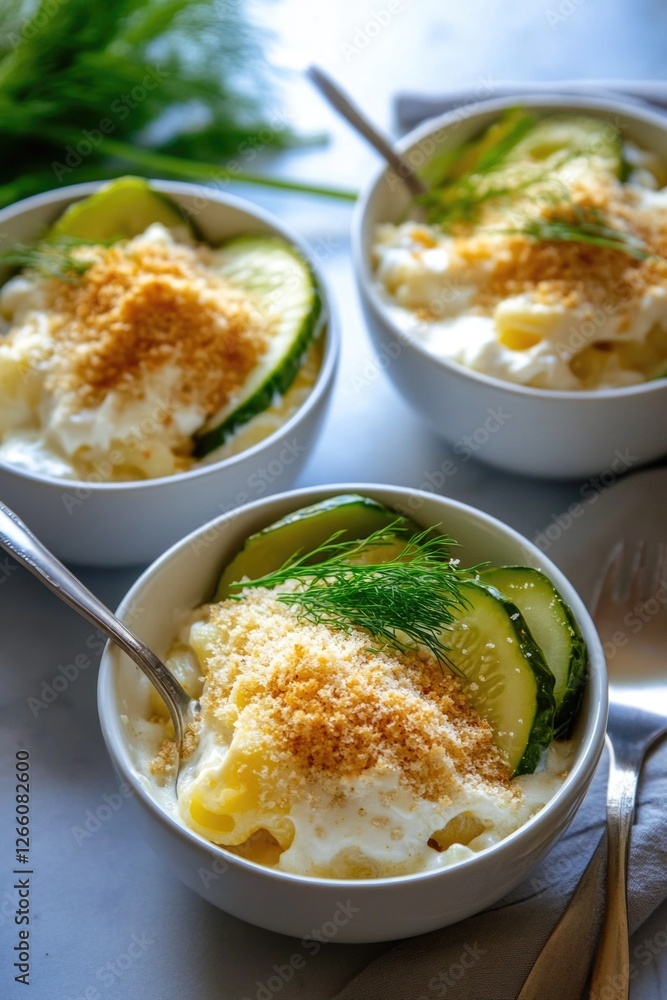 Creamy macaroni salad with zucchini and breadcrumb topping in white bowls Creamy macaroni salad with zucchini and breadcrumb topping in white bowls