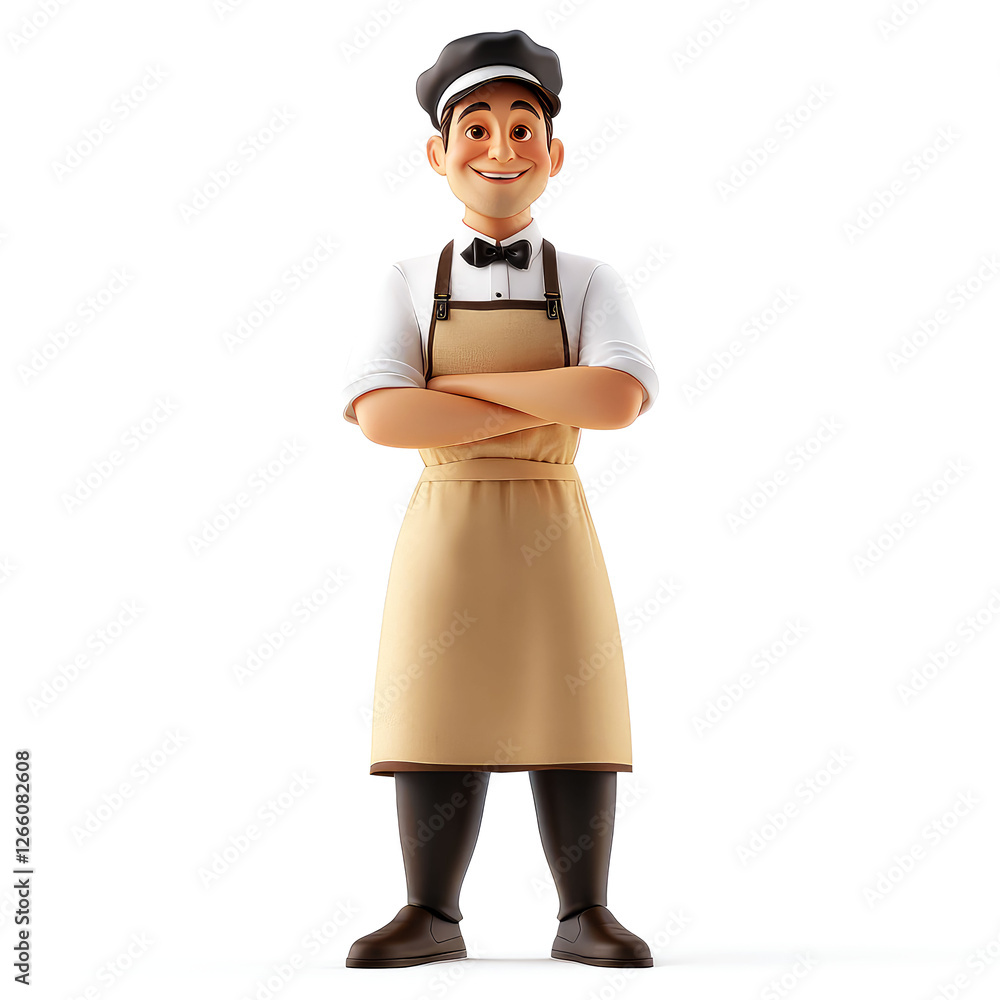 Smiling Baker: 3D Cartoon Character in Apron, Confident and Ready to Serve Smiling Baker: 3D Cartoon Character in Apron, Confident and Ready to Serve