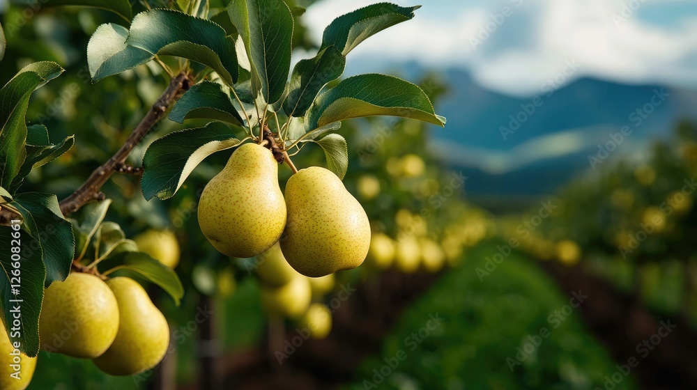 Ripe pears on branch, orchard, mountain view, harvest Ripe pears on branch, orchard, mountain view, harvest