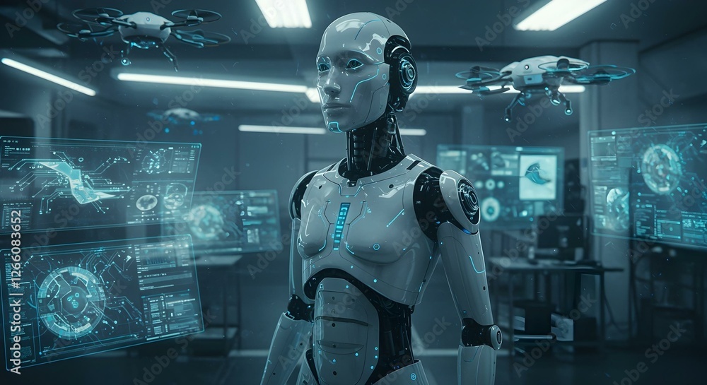 humanoid robot, exoskeleton, social media technology stock photo 16:9 humanoid robot, exoskeleton, social media technology stock photo 16:9