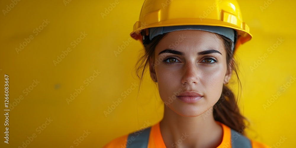 Focused Determination: A woman in a construction worker's outfit gazes intensely, her focused eyes and confident posture suggesting both strength and expertise. Focused Determination: A woman in a construction worker's outfit gazes intensely, her focused eyes and confident posture suggesting both strength and expertise.
