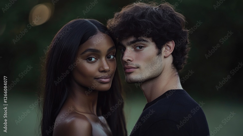 Fototapeta premium Young african female and caucasian male couple standing together outdoors