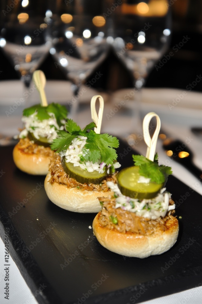 Gourmet sliders with pulled pork, slaw, and pickles on slate plate Gourmet sliders with pulled pork, slaw, and pickles on slate plate