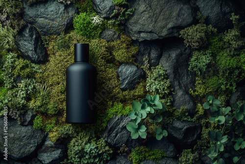 Lying on a bed of moss and rocks, a black cosmetic bottle evokes a sense of natural and organic ingredients, creating an elegant still life composition that highlights beauty and wellness