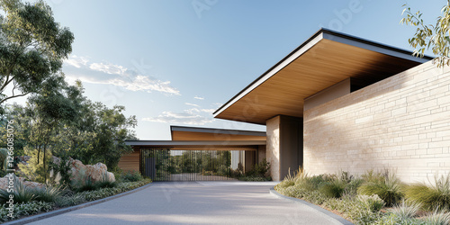 Driveway and Entrance of Modern Gated Community Housing Estate. Secured gated community, security and control