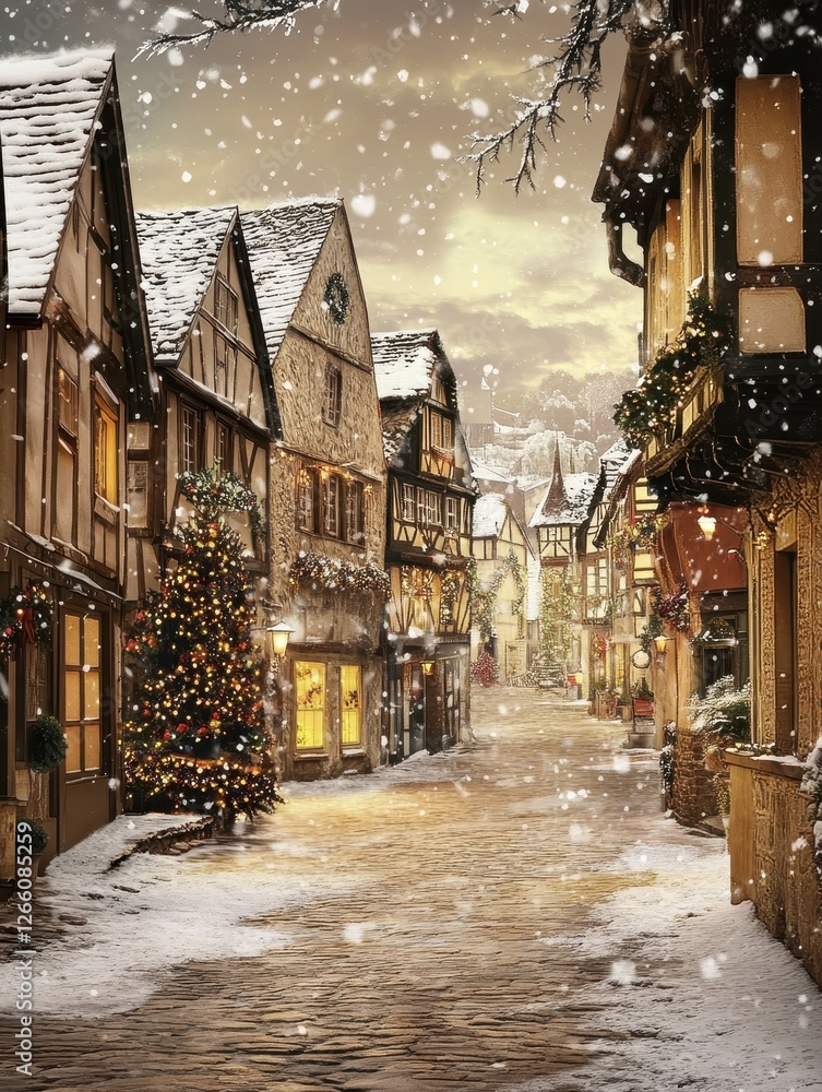 Fototapeta premium A festive snow covered street in an old european town