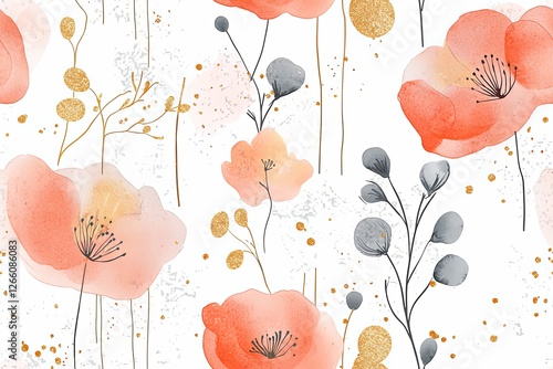 Abstract vintage print with flowers, shapes and golden lines on white background. Watercolor seamless pattern.