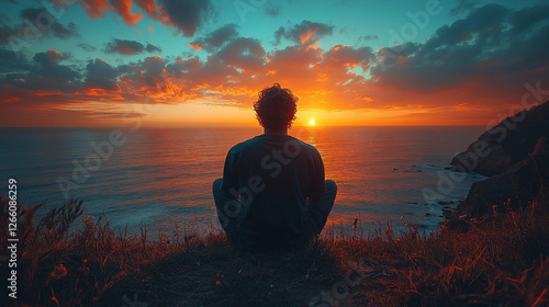 Man sitting, contemplating horizon, peaceful sky