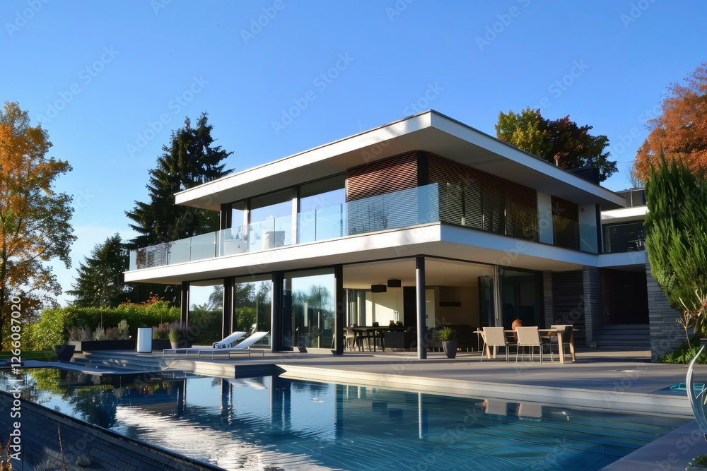 Modern house with a swimming pool. Generative AI Modern house with a swimming pool. Generative AI