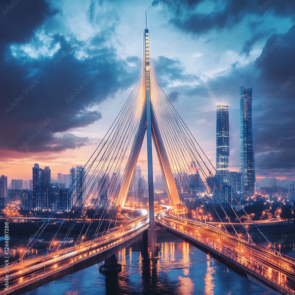 Fototapeta premium Dramatic sky over cable-stayed bridge, its lights reflecting in water, with a modern city skyline in the background.
