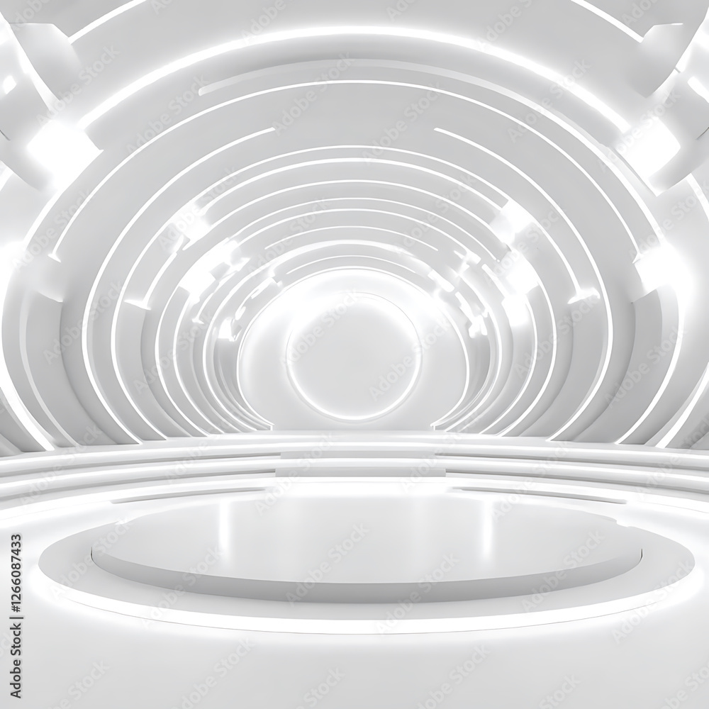 Obraz premium All-white circular stage and backdrop, featuring concentric glowing rings and minimalist, futuristic design.