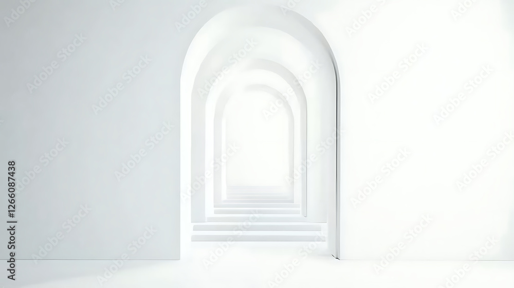 Fototapeta premium A series of white arches receding into the distance, leading to a bright, ethereal light and suggesting steps.