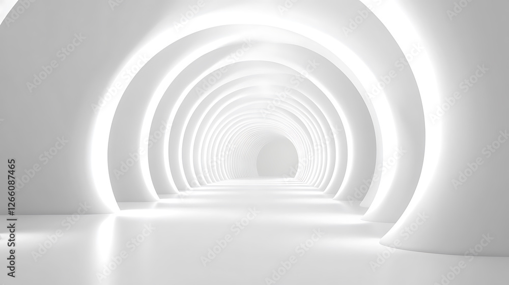Obraz premium Illuminated white arches form a seemingly endless, futuristic tunnel with a bright and clean aesthetic.