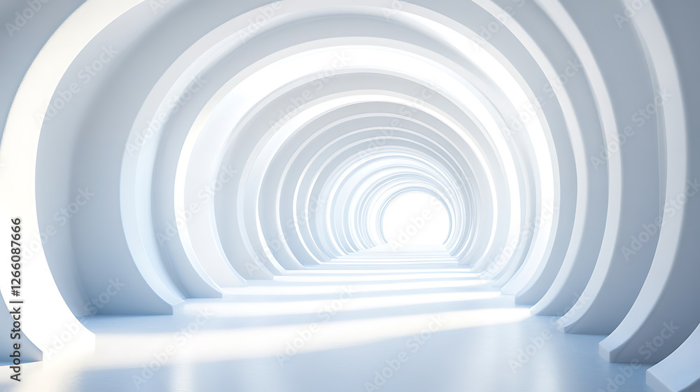 Fototapeta premium Endless white hallway formed by repeating arches, leading to a bright light.
