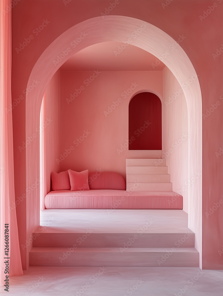Serene Abstract Pink Minimal Interior Architecture with Arches, Stairs and Modern Pink Sofa In Open Corridor . Natural Lighting. Serene Abstract Pink Minimal Interior Architecture with Arches, Stairs and Modern Pink Sofa In Open Corridor . Natural Lighting.