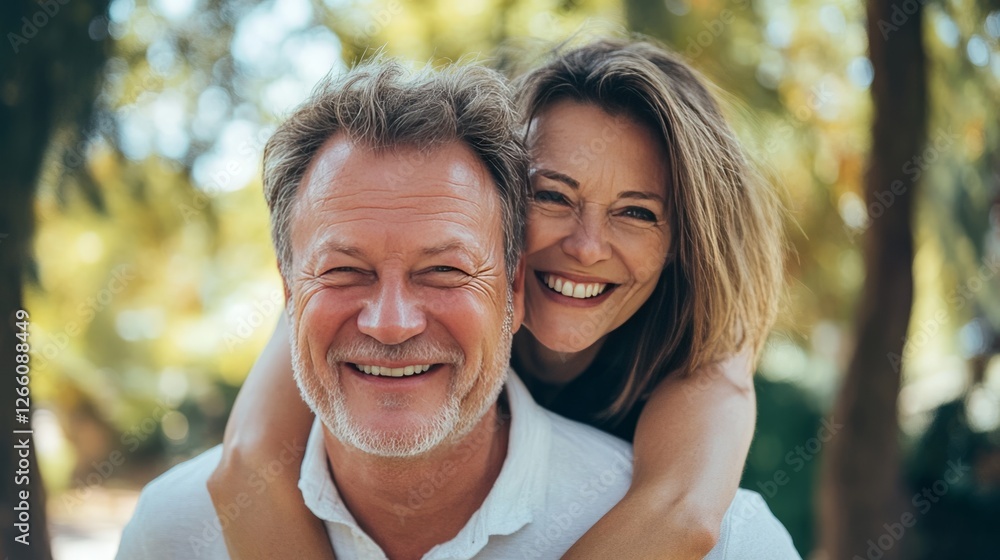 Fototapeta premium A man and woman are smiling and hugging each other in a park