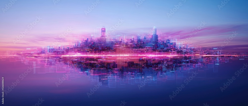 Obraz premium Futuristic City Skyline at Dusk Reflected in Water