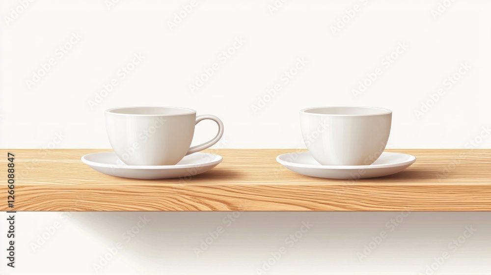 Empty white coffee cups on wooden shelf against white background Empty white coffee cups on wooden shelf against white background
