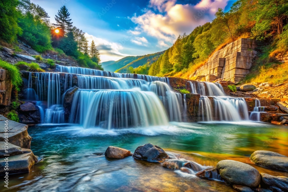 Obraz premium Small Dam Waterfall in Mountains: Fast-Flowing Water, Candid Nature Photography
