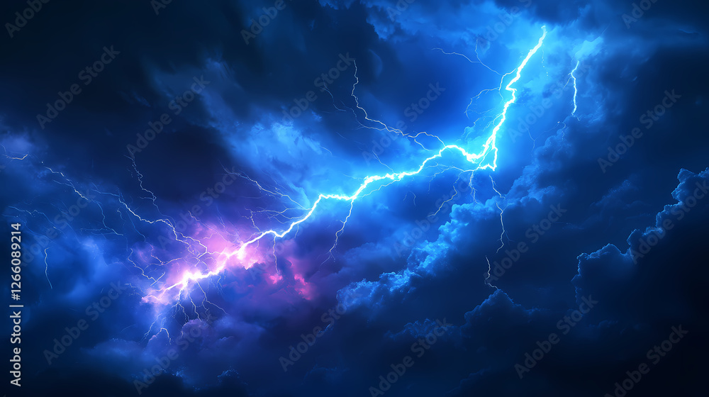 Fototapeta premium Electric storm with blue lightning bolt illuminating dark clouds, bolt, electrical charge, storm. Rainbow Storms. Illustration