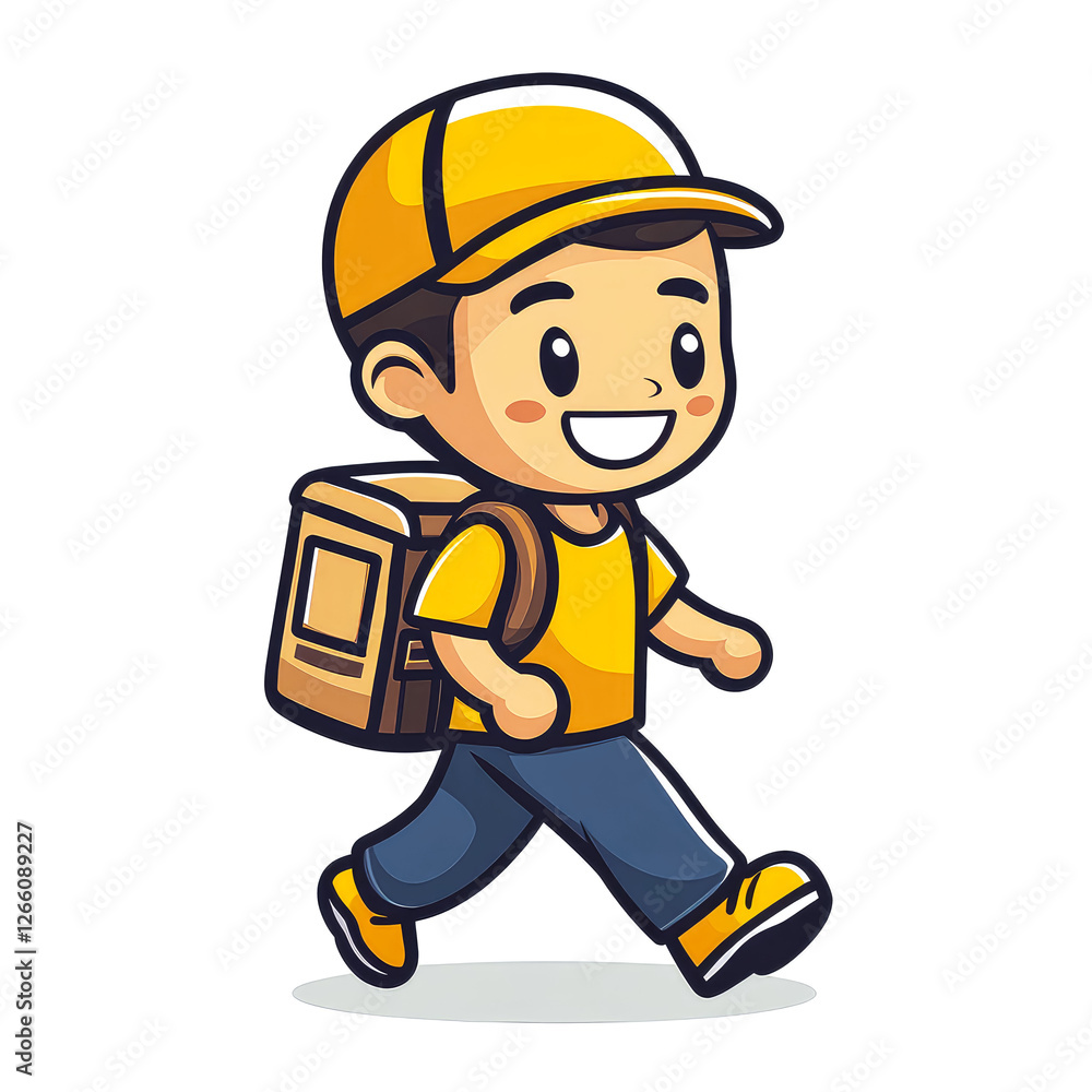 Cute Cartoon Delivery Boy: Walking and Smiling Cute Cartoon Delivery Boy: Walking and Smiling