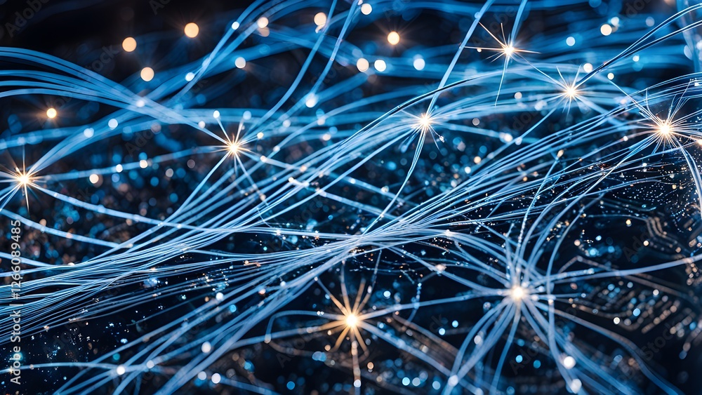 Fototapeta premium Abstract background image of glowing blue fiber optic cables forming a complex network, representing data connectivity and global communication.